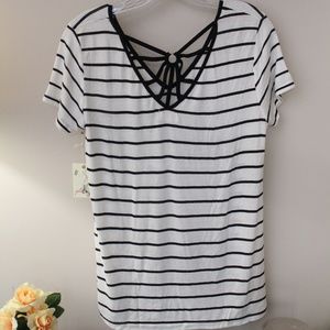 White shirt with black stripes & strappy detail
